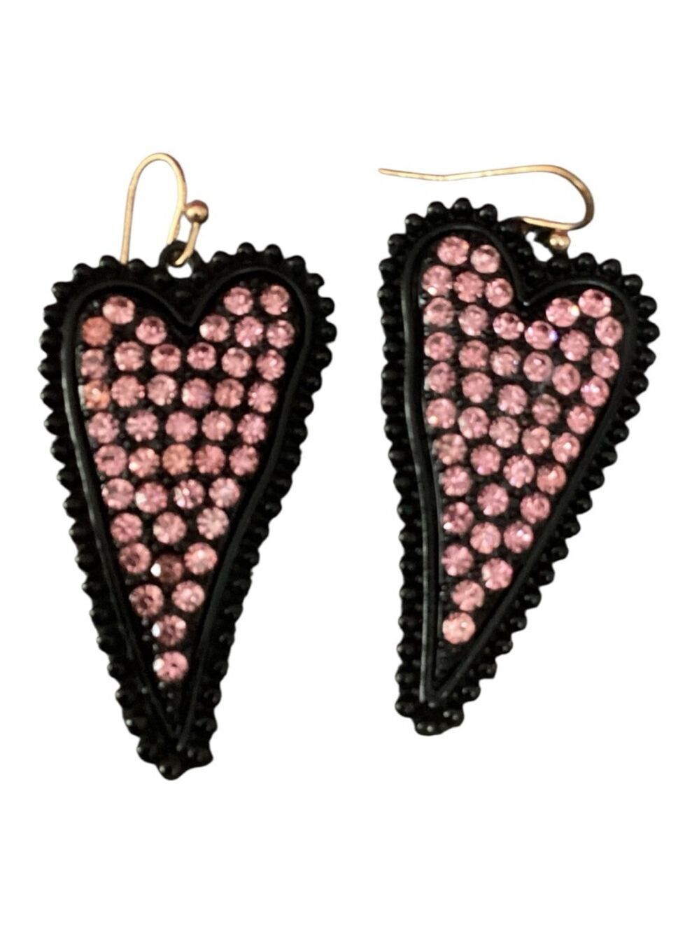 New Black Tone Base Pink Rhinestones Deco Heart Love Drop Dangle Hook Earrings